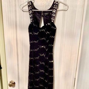 Navy Blue Lace and Silver Sequin PROM DRESS